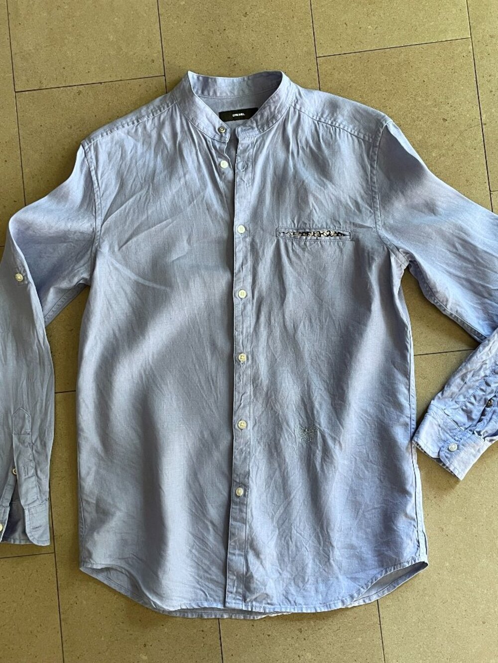 Diesel Men's Collarless Baby Blue 100% Linen Shirt-Medium